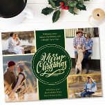 Carte De Vœux En Aluminium Joyeux Noël 4 Photo Collage Vert et Or<br><div class="desc">Personnalisez cette carte de Noël en feuille d'or de luxe avec quatre de vos photos préférées. Le modèle est configuré pour vous permettre d'ajouter vos quatre photos et, il a aussi deux sections pour vos salutations et vos noms. Le centre de la carte a le libellé "Joyeux Noël" dans une...</div>