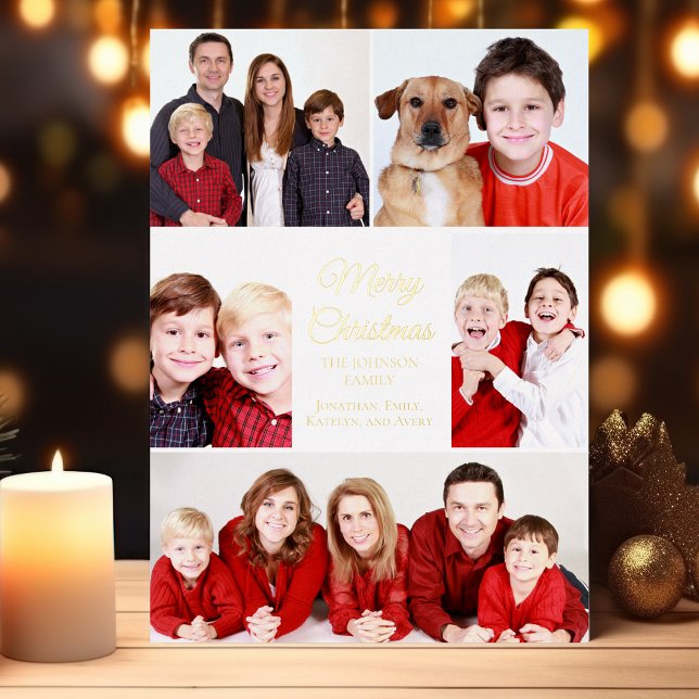 Carte De Vœux En Aluminium Joyeux Noël 5 Photo Collage Elegant Gold (Créateur téléchargé)