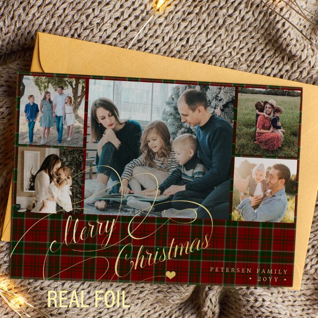 Carte De Vœux En Aluminium Joyeux Noël 5 photos élégant script rouge plaid (Créateur téléchargé)