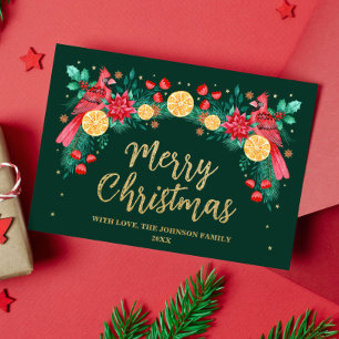 Carte De Vœux En Aluminium Joyeux Noël Aquarelle Cardinal Oiseaux Vert