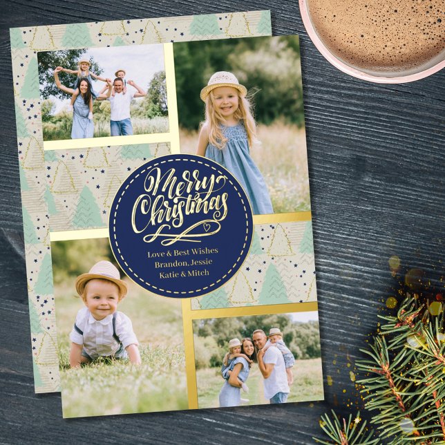 Carte De Vœux En Aluminium Joyeux Noël Arbres 4 Photo Collage Mint Or (Créateur téléchargé)