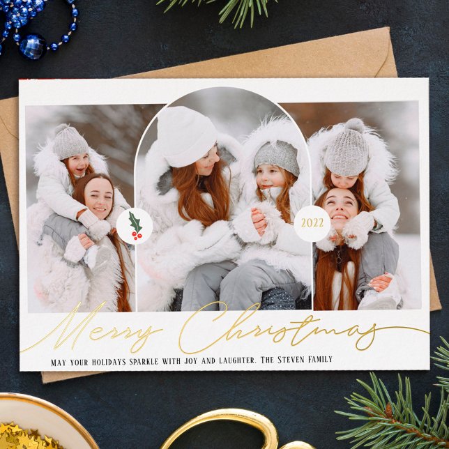 Carte De Vœux En Aluminium Joyeux Noël arche moderne 3 photos écriture rouge (Créateur téléchargé)