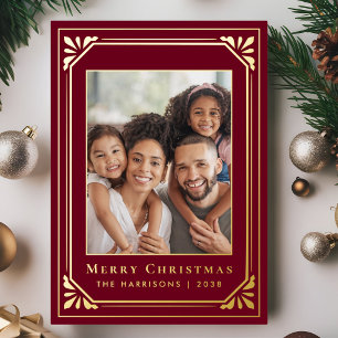 Carte De Vœux En Aluminium Joyeux Noël Art Déco Photo Bordeaux Rouge Or