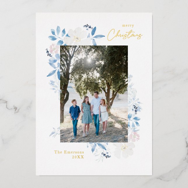 Carte De Vœux En Aluminium Joyeux Noël bleu aquarelle Fleur Cadre Lumière (Recto)