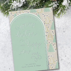Carte De Vœux En Aluminium Joyeux Noël Bonne Année Arbres Verts Dorés