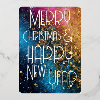 Carte De Vœux En Aluminium Joyeux Noël Bonne Année Confettis Bleu Rose