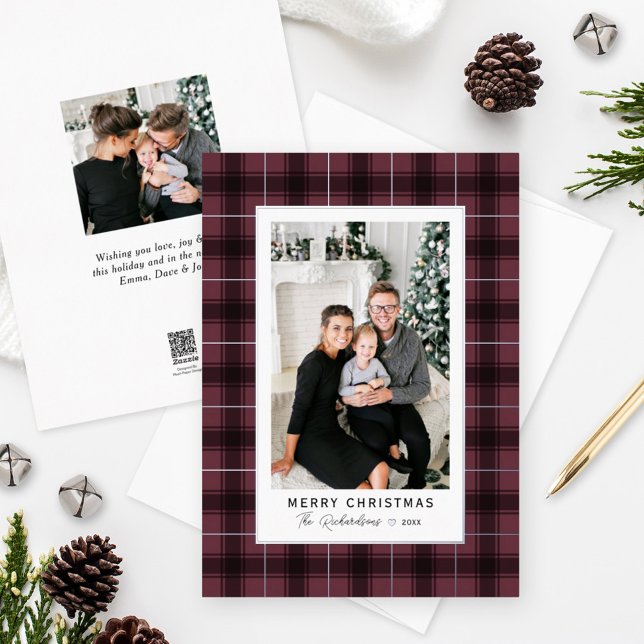 Carte De Vœux En Aluminium Joyeux Noël Bourgogne Argent Tartan Plaid Photo (Créateur téléchargé)