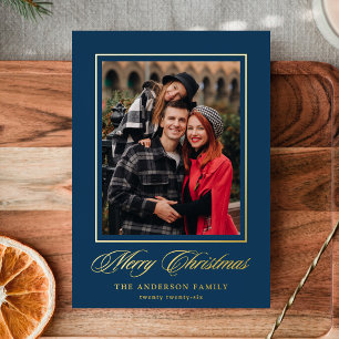 Carte De Vœux En Aluminium Joyeux Noël Calligraphie Élégante Bleu Marine 4 Ph