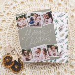 Carte De Vœux En Aluminium Joyeux Noël Calligraphie Sage Green 6 Photos<br><div class="desc">Donnez à vos cartes de Noël une étincelle d'or, d'argent ou d'or rose ! Répandez la joie des fêtes avec cette carte de feutre photo verte de Noël ! Le devant présente "Joyeux Noël" en véritable feuille de calligraphie manuscrite, avec votre nom de famille et l'année cachée dans l'un des...</div>