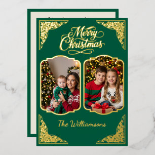 Carte De Vœux En Aluminium Joyeux Noël d'or, deux picots, vert, Or