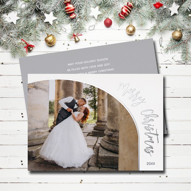 Carte De Vœux En Aluminium Joyeux Noël écriture argentée (Merry Christmas REAL silver foil holiday photo cards)