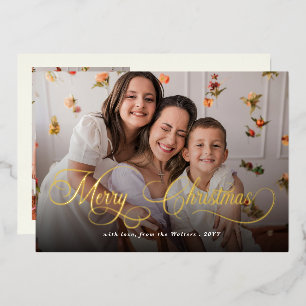 Carte De Vœux En Aluminium Joyeux Noël Écriture Élégante Photo de Famille