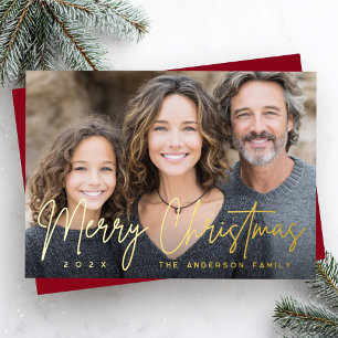 Carte De Vœux En Aluminium Joyeux Noël écriture moderne photo rouge foncé