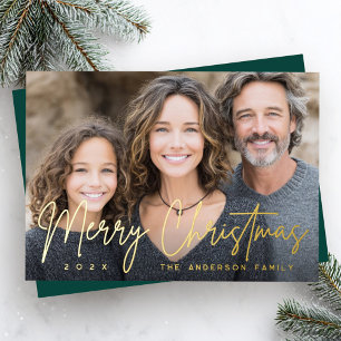 Carte De Vœux En Aluminium Joyeux Noël écriture moderne photo vert foncé