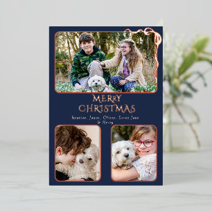 Carte De Vœux En Aluminium Joyeux Noël élégant 4 Photo Ruban Navy Rose Gold