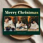 Carte De Vœux En Aluminium Joyeux Noël Élégant Photo Vert<br><div class="desc">Célébrez la saison avec notre carte de Noël personnalisée. A l'avant,  l'élégante rubrique "Joyeux Noël" en police de serif décorative est complétée par trois photos chères. Au dos,  ajoutez quatre photos supplémentaires et personnalisez votre message pour une touche de coeur.</div>