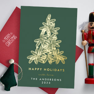 Carte De Vœux En Aluminium Joyeux Noël en or et vert Sapin de Noël Heureux