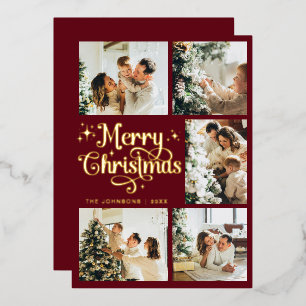 Carte De Vœux En Aluminium Joyeux Noël Famille Élégant Rétro Rouge & Or