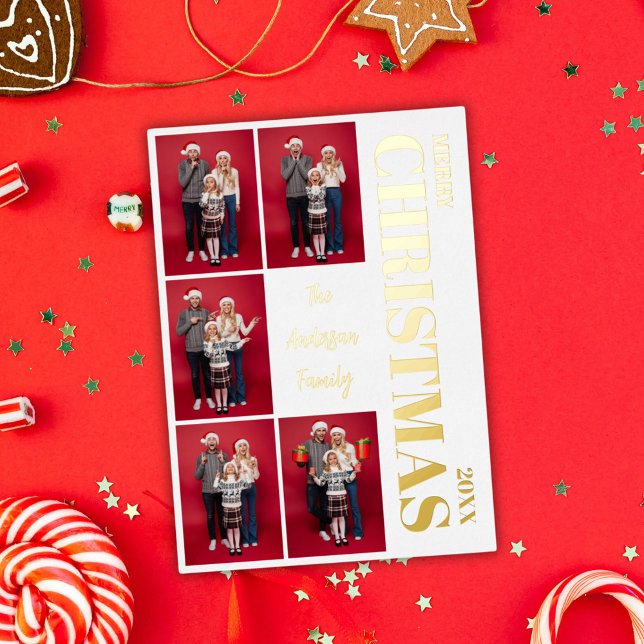 Carte De Vœux En Aluminium Joyeux Noël Famille moderne 5 Photo Collage Or (Merry Christmas Minimalist Family 5 Photo Collage Foil Holiday Card)