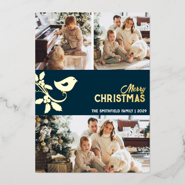 Carte De Vœux En Aluminium Joyeux Noël Famille Multi Photo Or (Recto)