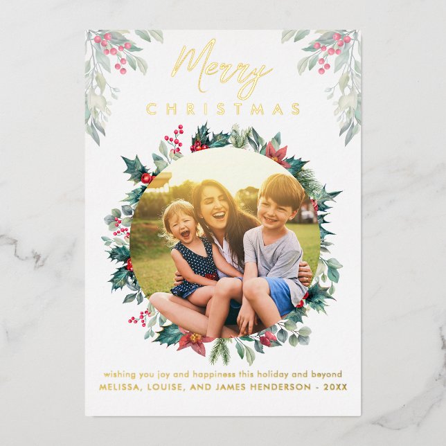 Carte De Vœux En Aluminium Joyeux Noël Famille Photo Botanique (Recto)