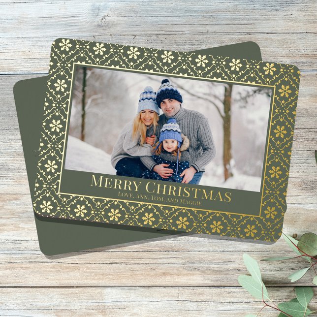 Carte De Vœux En Aluminium Joyeux Noël Flocon de neige Elegant Vert 1 Photo (Merry Christmas holiday photo card template with real gold foil. )