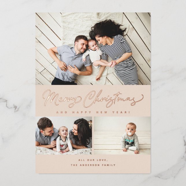 Carte De Vœux En Aluminium Joyeux Noël Foil Script 3 Collage Multi-Photo (Recto)