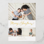 Carte De Vœux En Aluminium Joyeux Noël Foil Script 3 Collage Multi-Photo<br><div class="desc">Avec un script de brosse moderne avec 3 de vos photos. Il est aussi accompagné d'une photo au dos.</div>