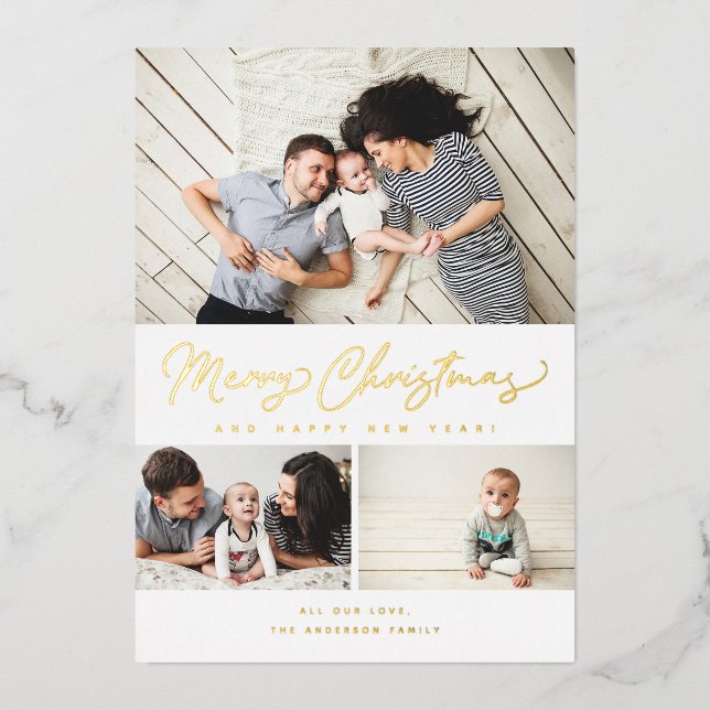 Carte De Vœux En Aluminium Joyeux Noël Foil Script 3 Collage Multi-Photo (Recto)