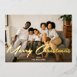 Carte De Vœux En Aluminium Joyeux Noël Gold Brush Script Photo Real