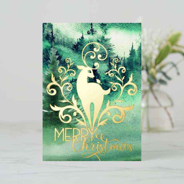 Carte De Vœux En Aluminium Joyeux Noël Gold Deer Forest Photo (Debout devant)
