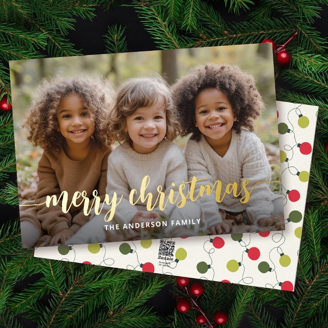 Carte De Vœux En Aluminium Joyeux Noël Gold Main Lettré pleine photo (Personalize with your photo and family name.)