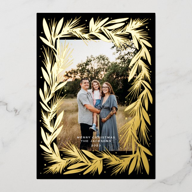 Carte De Vœux En Aluminium Joyeux Noël Golden Wreath Black (Recto)