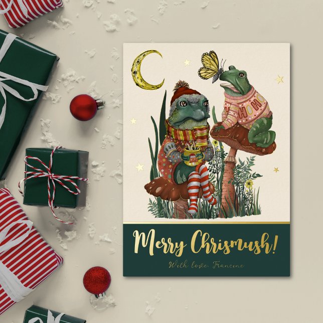 Carte De Vœux En Aluminium Joyeux Noël Grenouille et Crapaud Champignon Vert  (Green and real gold foil Christmas flat card with a whimsical illustration of frogs on mushrooms)