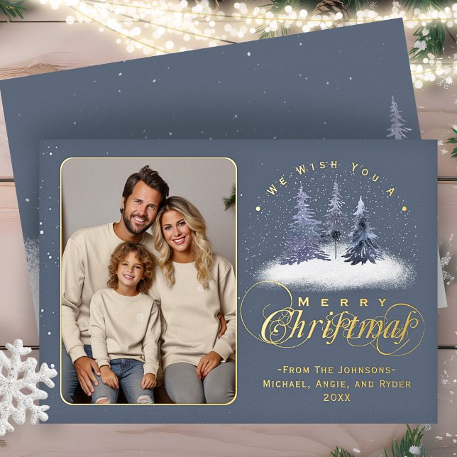 Carte De Vœux En Aluminium Joyeux Noël hiver Neige Famille Photo Or (Créateur téléchargé)