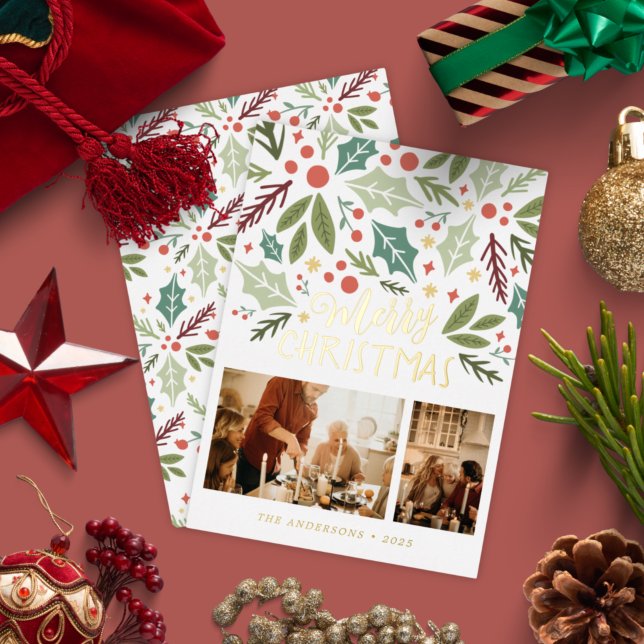 Carte De Vœux En Aluminium Joyeux Noël Holly Berry Foliing Deux photos (Créateur téléchargé)