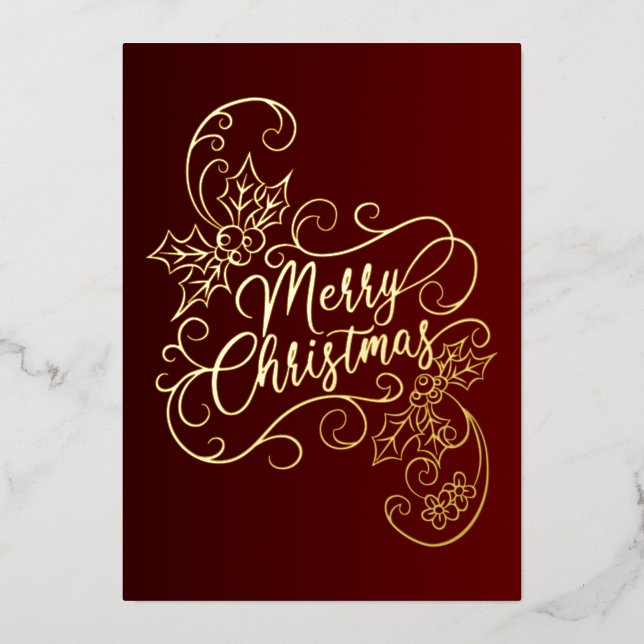 Carte De Vœux En Aluminium Joyeux Noël Holly Red Salutation (Recto)