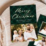 Carte De Vœux En Aluminium Joyeux Noël Joyeux Noël 3 Photo Brossé Vert<br><div class="desc">Élégant carte photo de vacances avec "Joyeux Noël" affiché dans un script de calligraphie de feuille d'or en haut du design sur un arrière - plan peint vert plaid. Personnalisez l'avant de la carte en ajoutant votre nom, votre année et une photo. La carte de Noël en feuille d'or revient...</div>