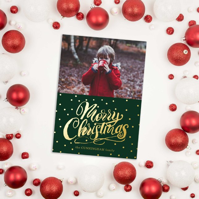 Carte De Vœux En Aluminium Joyeux Noël Lettré Main Verte (Stylish Hand Lettered Merry Christmas Photo Holiday Card surrounded by red & white holiday ornaments)