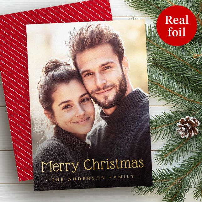 Carte De Vœux En Aluminium Joyeux Noël mignon rayures pointillées rouge photo (Merry Christmas cute dotted stripes red photo Foil Holiday Card)