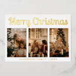 Carte De Vœux En Aluminium Joyeux Noël Mini Script Trois Photo<br><div class="desc">Mini Script Trois Photo Joyeux Noël Foil Carte de vacances. (Crédits photos à Cottonbro sur Pexels. Veuillez le remplacer par le vôtre.)</div>