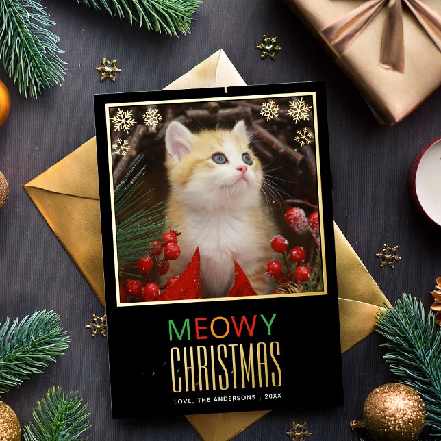 Carte De Vœux En Aluminium Joyeux Noël Minou Photo de chat mignon & Flocons d (Créateur téléchargé)