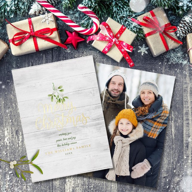 Carte De Vœux En Aluminium Joyeux Noël Mistletoe Rustique Bois Photo Or (Créateur téléchargé)