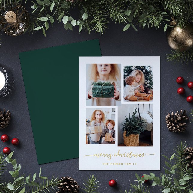 Carte De Vœux En Aluminium Joyeux Noël | Modern Four Photo Collage Gold (A modern Christmas card with a four photo grid, and elegant gold foil script)