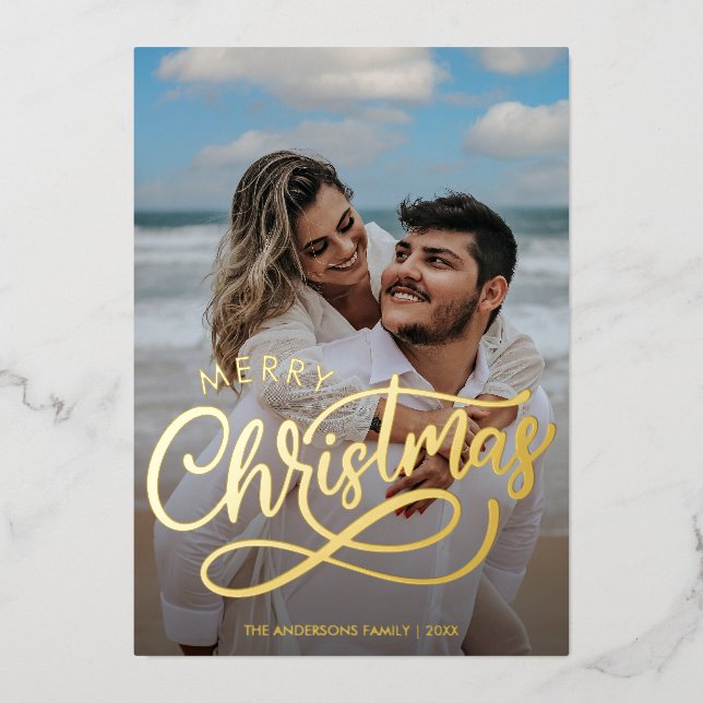 Carte De Vœux En Aluminium Joyeux Noël moderne Famille Nom photo Or (Recto)