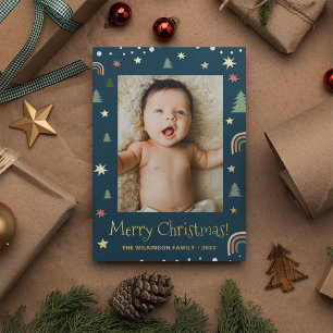 Carte De Vœux En Aluminium Joyeux Noël Moderne Scandi Bleu Photo personnalisé