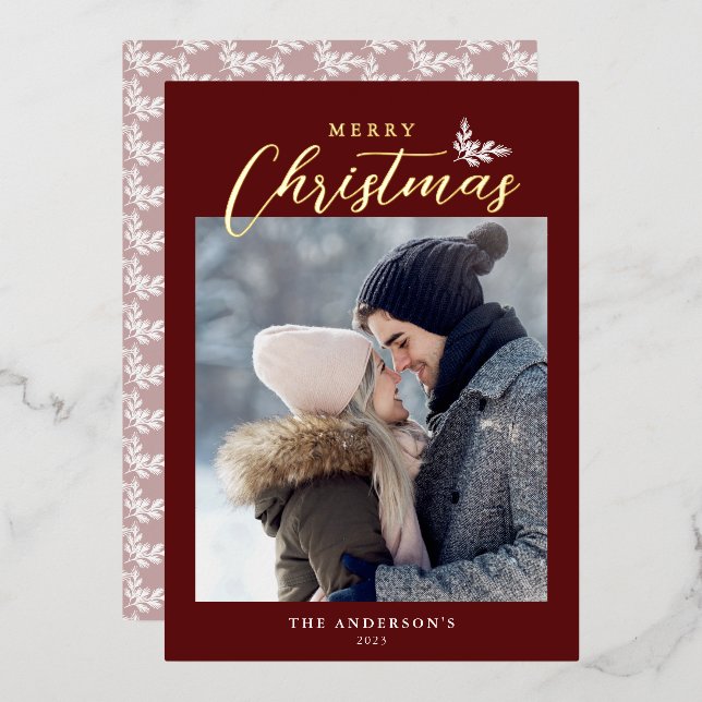 Carte De Vœux En Aluminium Joyeux Noël moderne Script photo Rouge Or (Recto/Verso)