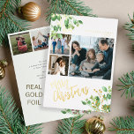 Carte De Vœux En Aluminium Joyeux Noël multi photo feuillage botanique<br><div class="desc">Design moderne Joyeux Noël vrai feuille d'or manuscrit script de calligraphie 6 photo de famille collage simple carte de vacances blanche avec votre texte personnalisé sur les deux côtés avec aquarelle vert botanique et baies saintes. Facilité de personnalisation avec vos images, texte, signature de nom et souhaits des deux côtés...</div>