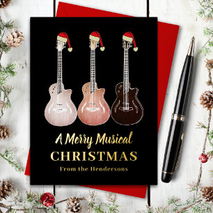 Carte De Vœux En Aluminium Joyeux Noël Musical Guitare Noir et Or