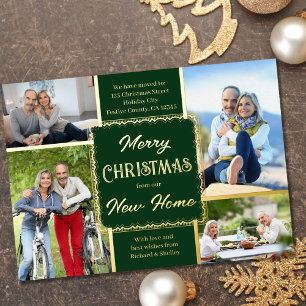 Carte De Vœux En Aluminium Joyeux Noël Nouvelle Maison 4 Photo Vert et Or
